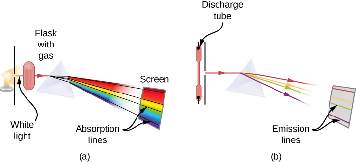 Figures A and B show the schematics of an experimental setup to observe absorption lines. In Figure A, white light passes through the prism and gets separated into the wavelengths. In the spectrum of the passed light, some wavelengths are missing, which are seen as black absorption lines in the continuous spectrum on the viewing screen. In Figure B, light emitted by the gas in the discharge tube passes through the prism and gets separated into the wavelengths. In the spectrum of the passed light, only specific wavelengths are present, which are seen as colorful emission lines on the screen.