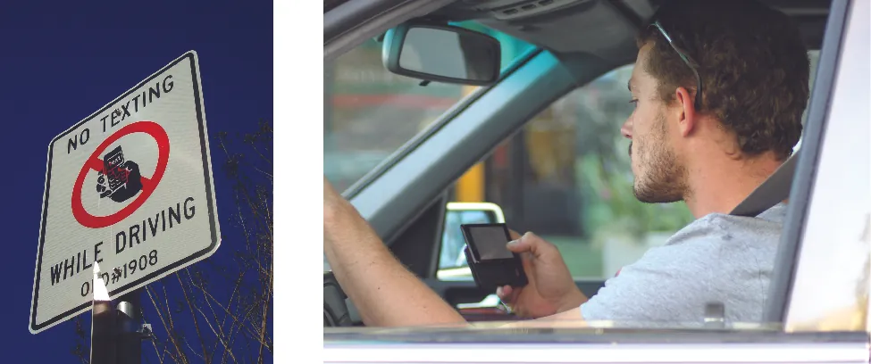 On the left is an image of a sign that reads “No texting while driving”. On the right is an image of a person in the driver’s seat of a vehicle. The person is holding a phone in their hand and looking at it.