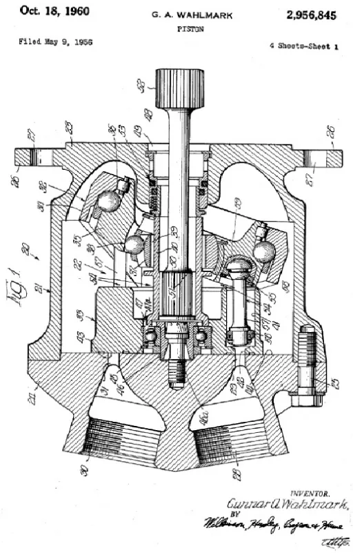 Patent USPTO No. 2956845, drawing, page 1 (13), showing an axial piston pump, type swash plate, with spherical shaped piston heads and piston ring.