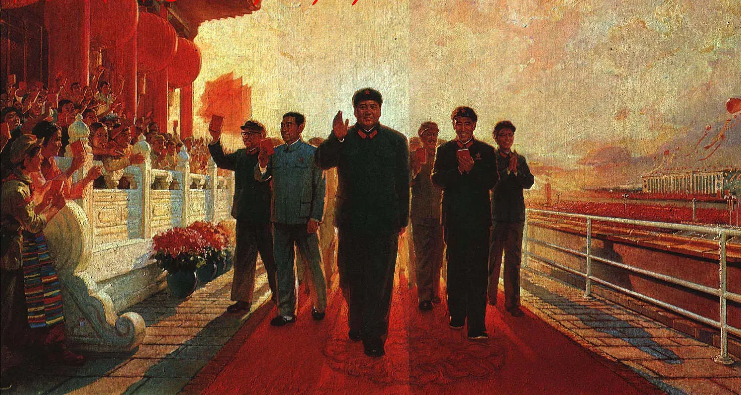 This painting depicts a group of men in suits and caps waving at a crowd while walking on a red carpet. A few of them hold little red books. A white fence and train are on the right side of the painting and rows of tiered people behind a short ornate white wall are cheering.