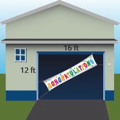 A house is shown with a banner over the garage door. The garage door is marked 16 ft wide and 12 ft high.