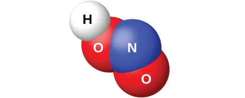 Un modelo de espacio lleno muestra un átomo azul marcado como "N", enlazado en dos lados con átomos rojos marcados como "O". Uno de los átomos rojos está enlazado con un átomo blanco marcado como "H".