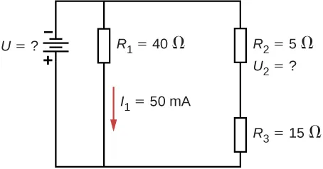 Ujemny zacisk źródła napięcia V jest połączony z dwiema równoległymi galęziami, jedna z opornikiem R ze znakiem 1 dla 40 Ω z dolnym prądem l ze znakiem 1 wartości 50 mA i druga z opornikiem R ze znakiem 2 wartości 5 Ω szereowo z R ze znakiem 3 o wartości 15 Ω.