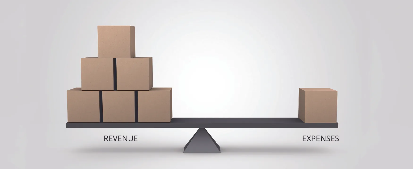 Picture of a scale with Revenue (represented by six boxes) on one side and Expenses (represented by one box) on the other.