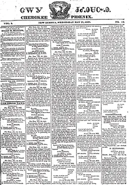The front page of the Cherokee Phoenix is shown. The title of the newspaper is provided in Cherokee on top, with an English translation featured below.