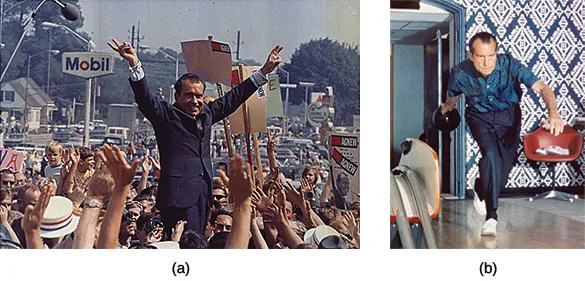 Photograph (a) shows Richard Nixon elevated in the middle of a large crowd, with his arms outstretched in a “V”; he also forms “V” shapes with the second and third fingers of each hand. Photograph (b) shows Nixon bowling in the White House bowling alley.