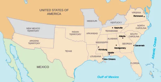 A map shows the Confederate states and regions, including Arizona territory; Texas; Indian territory; Arkansas; Louisiana (with New Orleans labeled); Tennessee (with Nashville labeled); Mississippi (with Vicksburg labeled); Alabama (with Montgomery and Mobile labeled); Georgia (with Atlanta and Savannah labeled); Florida; Virginia (with Richmond labeled); North Carolina; and South Carolina.