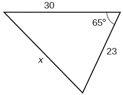 A triangle. One angle is 65 degrees with opposite side = x. The other two sides are 30 and 23.
