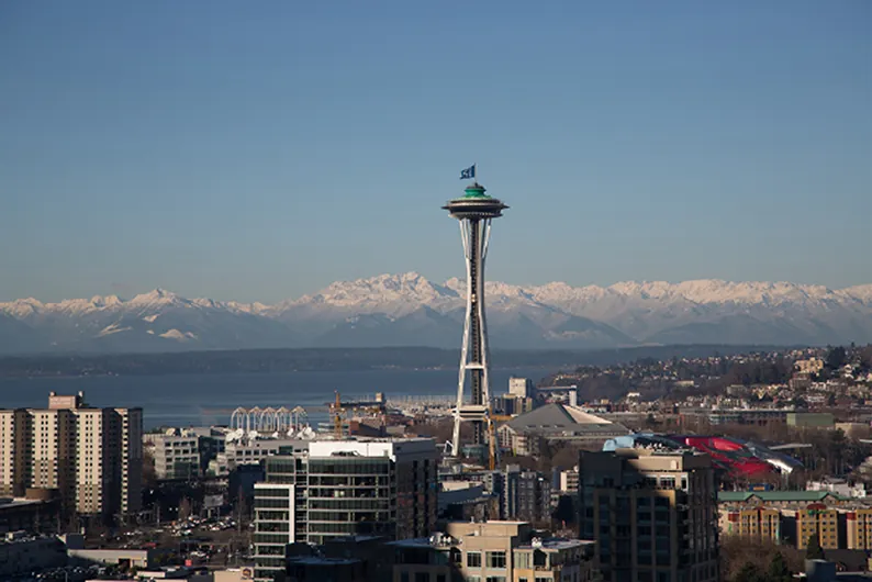 A skyline view of Seattle with a focus on the Space Needle.
