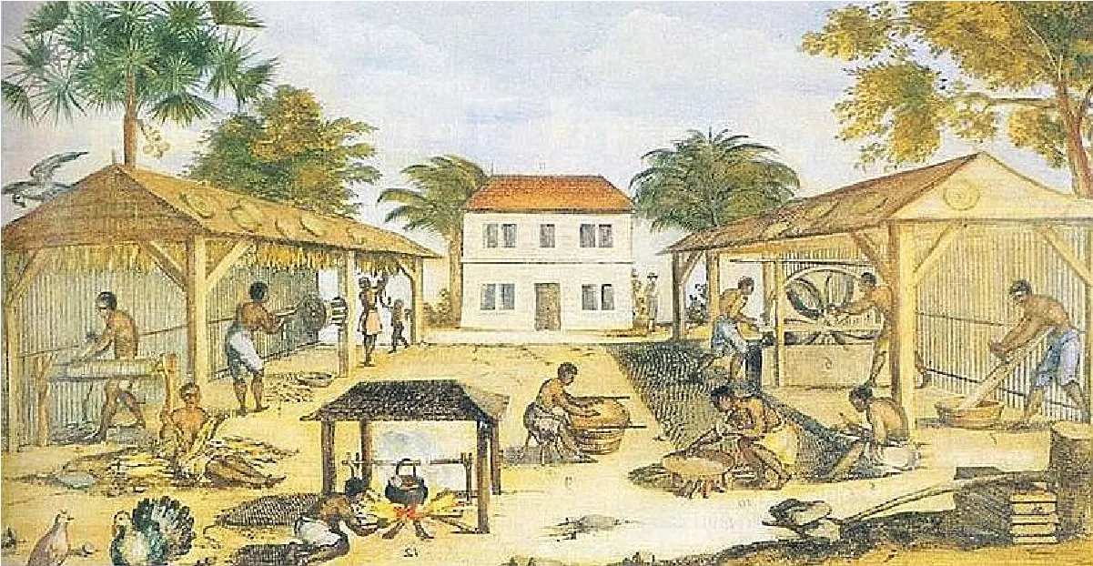 A drawing of a plantation is shown. A large white house with an orange roof is in the back middle with trees shown in the background. Large wooden structures with roofs and back walls are drawn on both sides of the image. People are in the open structures sawing wood, grinding items, and working on other various tasks. The men are dressed in pants that go to their knees and no shirts. The women wear short cloths and head dressings. A fire is shown in the foreground with a pot and small structure above it, with a person tending the fire. Two people are squatting in the middle placing items on round structures.