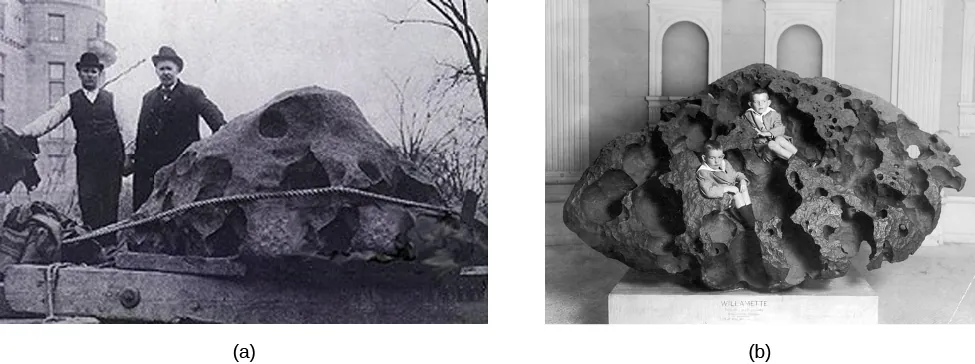 Image A is a photo of a meteorite the size of a small car with two people standing next to it. Image B is a photo of the same meteorite on a pedestal in a museum with two children sitting in its crevices.