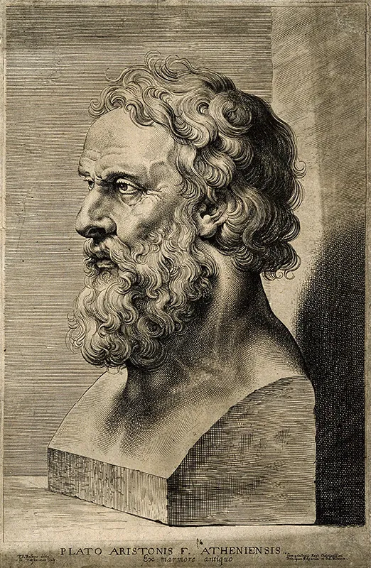 A line engraving shows a stone bust of a man. He has curly hair and a curly beard.