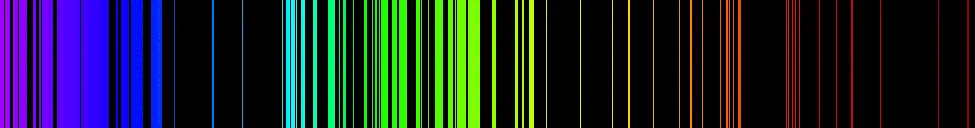 Figures shows the emission spectrum of iron. Numerous overlapping emission lines are present in the visible part of the spectrum.