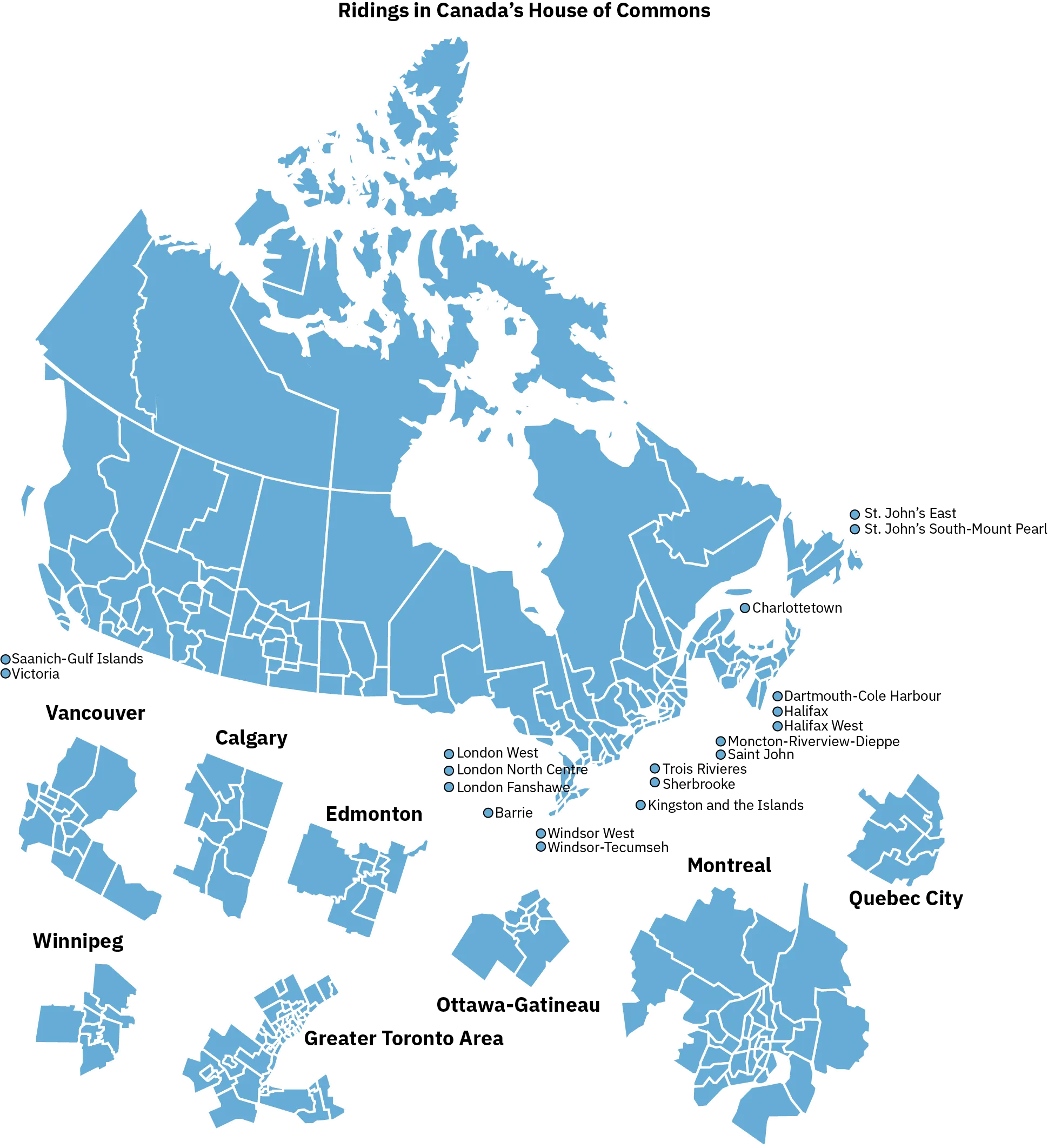 A map of Canada uses white lines to demarcate each of 300+ federal electoral districts. Highly populated metropolitan areas including Vancouver, Winnipeg, Calgary, Edmonton, the Greater Toronto Area, Ottawa-Gatineau, Montreal, and Quebec City are enlarged to show geographically smaller districts.