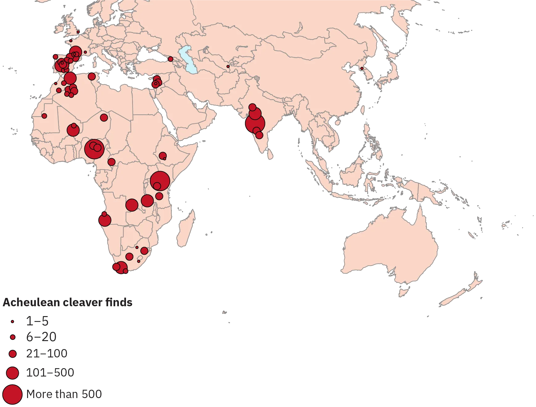Marks indicating the number of Acheulean cleaver finds imposed on a map of Europe, Asia, and Africa. There are clusters of finds in Spain, India, and certain areas of Africa.