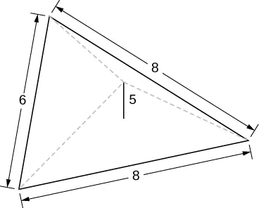 Esta figura es una pirámide con base triangular. La vista es de la base. Los lados del triángulo miden 6, 8 y 8 unidades. La altura de la pirámide es de 5 unidades.