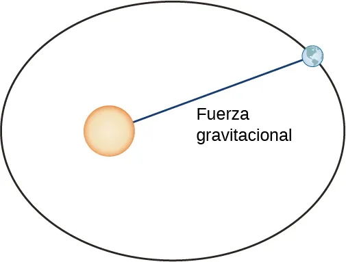 Esta figura es una elipse con un círculo a la izquierda en el interior en un punto focal. El círculo representa el Sol. Sobre la elipse hay un círculo más pequeño que representa la Tierra. El segmento de línea trazado entre los círculos está marcado "fuerza gravitacional".