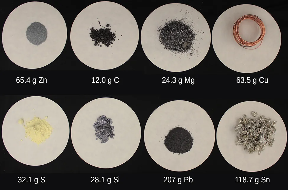 This figure contains eight different substances displayed on white circles. The amount of each substance is visibly different.