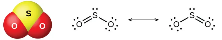 A ball-and-stick model shows a yellow atom labeled, “S,” bonded on either side to a red atom labeled, “O.” A pair of Lewis structures are shown connected by a double-headed arrow. The left Lewis structure shows a sulfur atom with one lone pair of electrons double bonded on the left to an oxygen atom with two lone pairs of electrons and single bonded on the right to an oxygen atom with three lone pairs of electrons. The right Lewis structure is a mirror image of the structure on the left.