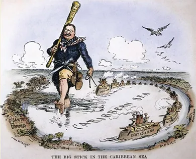 A cartoon, captioned “The Big Stick in the Caribbean Sea,” shows a massive Roosevelt marching through the Caribbean Sea holding a stick labeled “Big Stick.” Various nations are labeled, including Santo Domingo, Cuba, Mexico, and Panama. Roosevelt pulls a boat labeled “The Receiver” behind him on a string. Sailing around the perimeter of the Caribbean is a group of ships labeled “Debt Collector” and “Sheriff.”