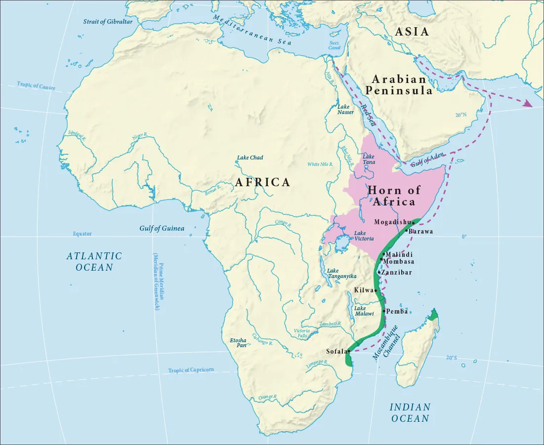 A map of the continent of Africa is shown. A portion of eastern Africa labeled the ‘Horn of Africa’ borders the Red Sea, the Gulf of Aden, and the Indian Ocean. It extends into Africa to include Lake Tana and part of Lake Vitoria. A thin green area is highlighted on the east coast of Africa from south of the city of Sofala up to a portion north of the city of Mogadishu. The northernmost portion of Madagascar is also highlighted green. Dashed lines from the south of Africa starting in the city of Sofala go up along the coast heading north, stopping in the cities of Pemba, Kilwa, Zanzibar, Mombasa, Malindi, Barawa, and Mogadishu. From there the dashed lines go up around the Horn of Africa, splitting into two – one going into the Gulf of Aden, up through the Red Sea to the Suez Canal and the other going around the southern portion of the Arabian Peninsula and then north through the Arabian Gulf and back out to the Indian Ocean.