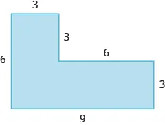 A geometric shape is shown. It is a vertical rectangle attached to a horizontal rectangle. The width of the vertical rectangle is 3, the left side is labeled 6, the bottom is labeled 9, and the width of the horizontal rectangle is labeled 3. The top of the horizontal rectangle is labeled 6, and the distance from the top of that rectangle to the top of the other rectangle is labeled 3.