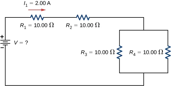 The figure shows a circuit with four resistors and a voltage source. The positive terminal of voltage source is connected to resistor R subscript 1 of 10 Ω with right current I subscript 1 of 2 A connected in series to resistor R subscript 2 of 10 Ω connected in series to two parallel resistors R subscript 3 of 10 Ω and R subscript 4 of 10 Ω.