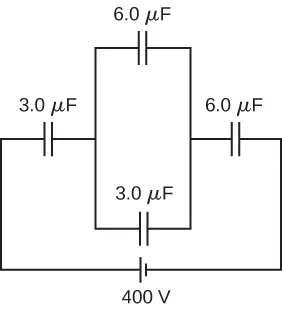 Figure shows a closed circuit with a battery of 400 volts. The positive terminal of the battery is connected to a capacitor of 3 micro Farads, followed by a combination of two capacitors in parallel with each other, followed by a fourth capacitor of value 6 micro Farads, which in turn is connected to the negative terminal of the battery. The capacitors in parallel to each other have values 6 micro Farad and 3 micro Farad.