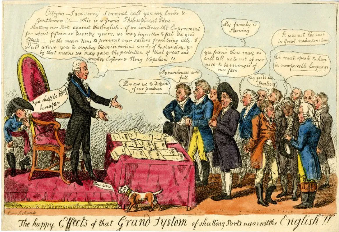 A cartoon, titled “The happy Effects of the Grand Systom [sic] of shutting Ports against the English!!,” shows Thomas Jefferson addressing four men. Eight others stand behind them. In front of Jefferson, a table is covered with papers reading, “Pettition New York,” “Pettition Maryland,” and more. With arms extended, Jefferson says, “Citizens — I am sorry I cannot call you my Lords and Gentlemen!! — This is a Grand Philosophical Idea — shutting our Ports against the English — if we continue the Experiment for about fifteen or twenty years, we may begin then to feel the good ‘Effects’ — in the mean time to prevent our sailors from being idle. I would advise you to imploy them in various works of husbandry etc by that means we may gain the protection of that great and mighty Emperor and King Napoleon!!” Napoleon, who hides behind Jefferson’s chair, says, “You shall be King hereafter.” A small dog, whose collar reads, “John Bull,” says, “Bow Wow.” The men say, “How are we to Dispose of our produce”; “My warehouses are full”; “Yea friend thou may as well tell us to cut of our nose to be revenged of our face”; “My famely [sic] is Starving”; “My Goods are Spoiling”; “It was not the case in Great Washintons [sic] time”; “We must speak to him in more forceble [sic] language.”