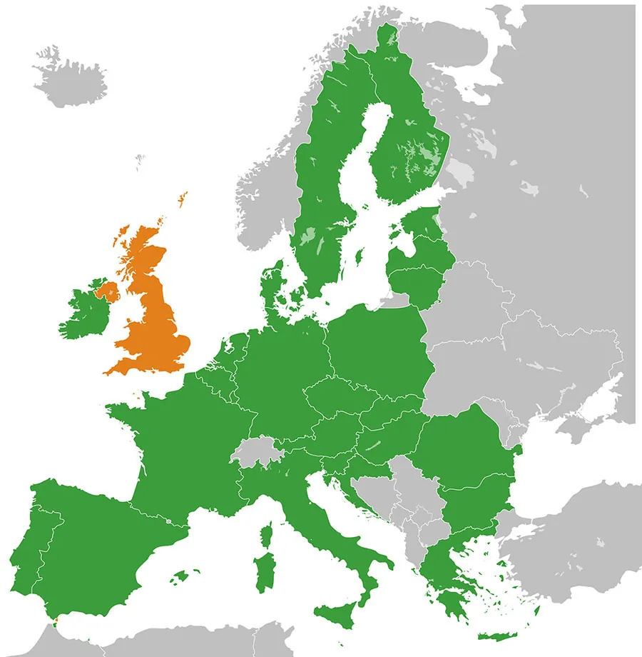 Map of Europe indicating countries that are members and have recently departed the European Union. Portugal, Spain, France, Finland, Germany, Italy, Greece, Poland, Latvia, the Netherlands, Belgium and Ireland are included. The United Kingdom, including Northern Ireland and Gibraltar, are indicated to be former members.