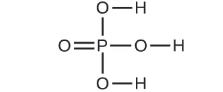 Se muestra una estructura. Un átomo de P forma un doble enlace con un átomo de O. También forma un enlace simple con un átomo de O que forma un enlace simple con un átomo de H. También forma un enlace simple con otro átomo de O que forma un enlace simple con un átomo de H. También forma un enlace simple con otro átomo de O que forma un enlace simple con un átomo de H.