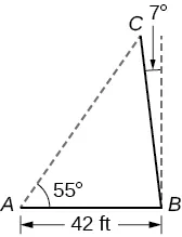 A triangle within a triangle. The outer triangle is formed by vertices A, B, and S (the sun). Side A B is the horizontal base, the ground, and is 42 feet. Angle A is 55 degrees. The inner triangle is formed by vertices A, B, and C. Side B C is the pole. Vertex C is located on side A S of the outer triangle between vertices A and S. Angle C B S is 7 degrees.