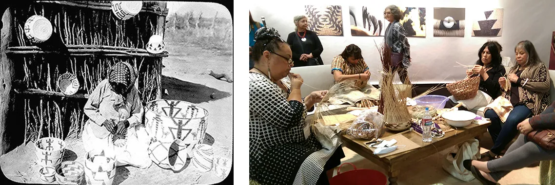 Left: Black and white image of a woman sitting cross-legged on the ground and doing hand work. Several baskets surround her, some sitting on the ground and others hanging on a structure made of thin sticks and twigs.; Right: Contemporary image of five women sitting around a table and working at weaving baskets. A display of art work is visible on the wall behind them.