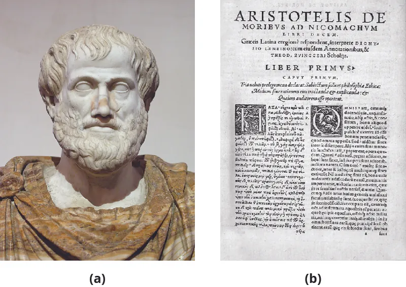 Part A is a statue depicting Aristotle. Part B shows a print copy of Aristotle’s Nicomachean Ethics.