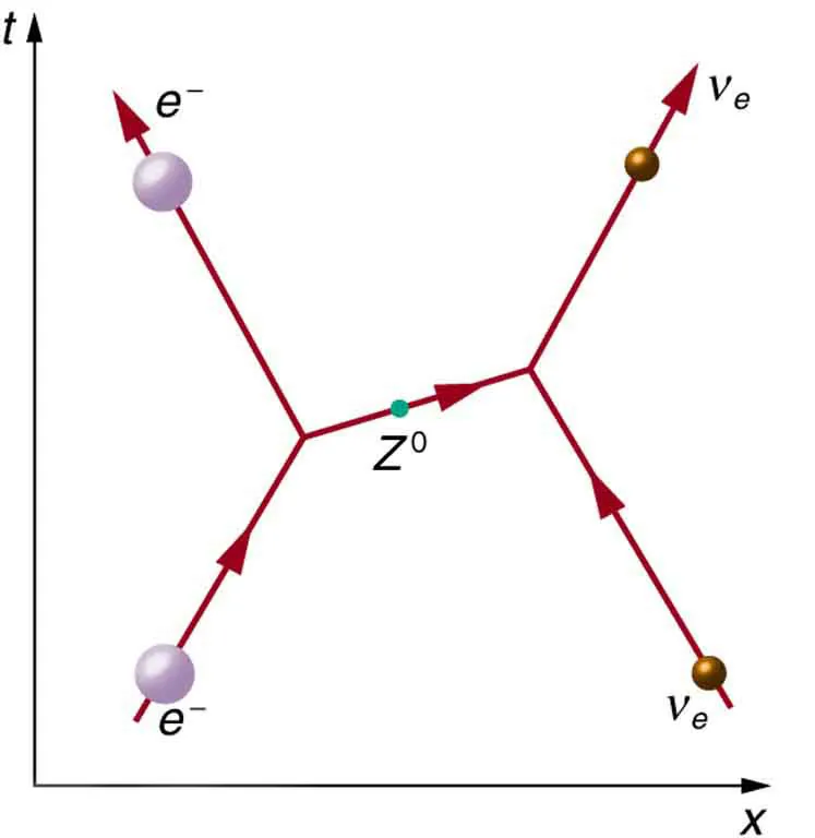 A Feynman diagram is shown in which time proceeds in along the vertical y axis and distance along the horizontal x axis. An electron and an electron neutrino are shown approaching each other, exchanging a virtual zee zero particle, then moving apart.