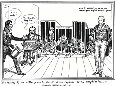 A political cartoon depicts four caged monkeys labeled “Home,” “Consumption,” “Internal,” and “Improv” stealing each other’s food. Henry Clay, in the foreground, says, “Walk in! Walk in! and see the new improved grand original American System!” A seated organ grinder says, “ ‘Hail Columbia’ happy land!” as another man walks in saying, “What a humbug!”