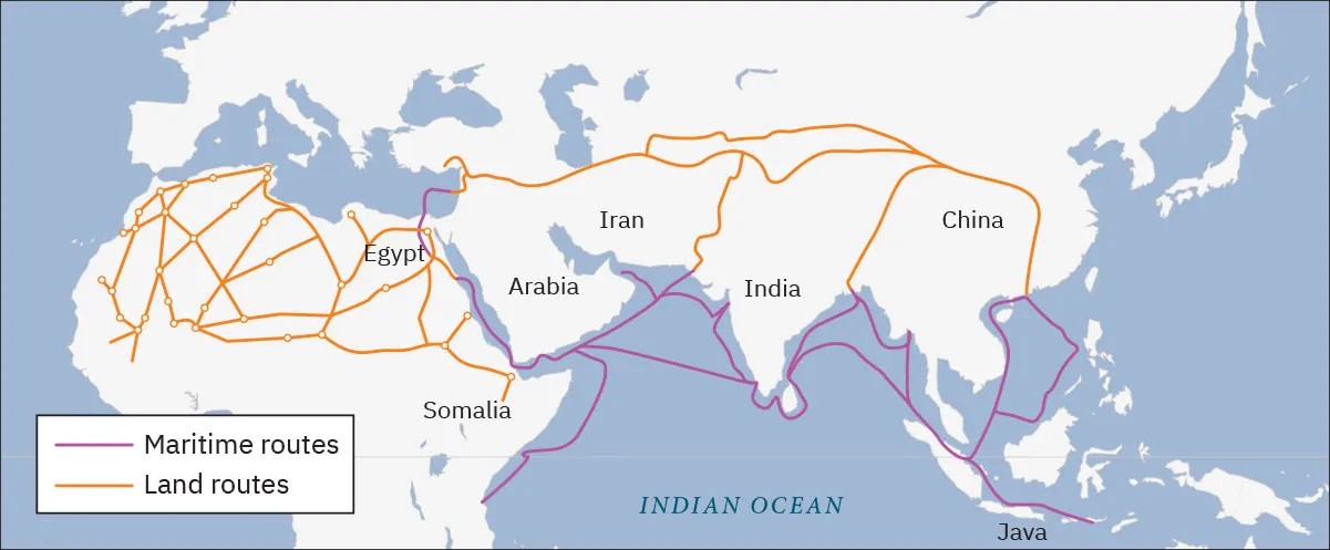A map of southern Europe, most of the African continent, Arabia, Iran, India, China, Java, and the Indian Ocean is shown. Maritime routes are shown with a purple line travelling through waterways between Java in the Indian Ocean, up to stops along the coasts of China, India, Iran, Arabia, and Somalia in eastern Africa, and going up the Suez Canal as well. Land routes shown with orange lines are shown going between land in China, India, Iran, northern Arabia, and crisscrossing most of Northern Africa down to Somalia in the eastern portion of Africa.