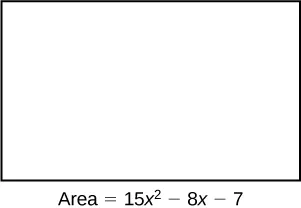 A rectangle that’s labeled: Area = fifteen times x squared minus eight times x minus seven.