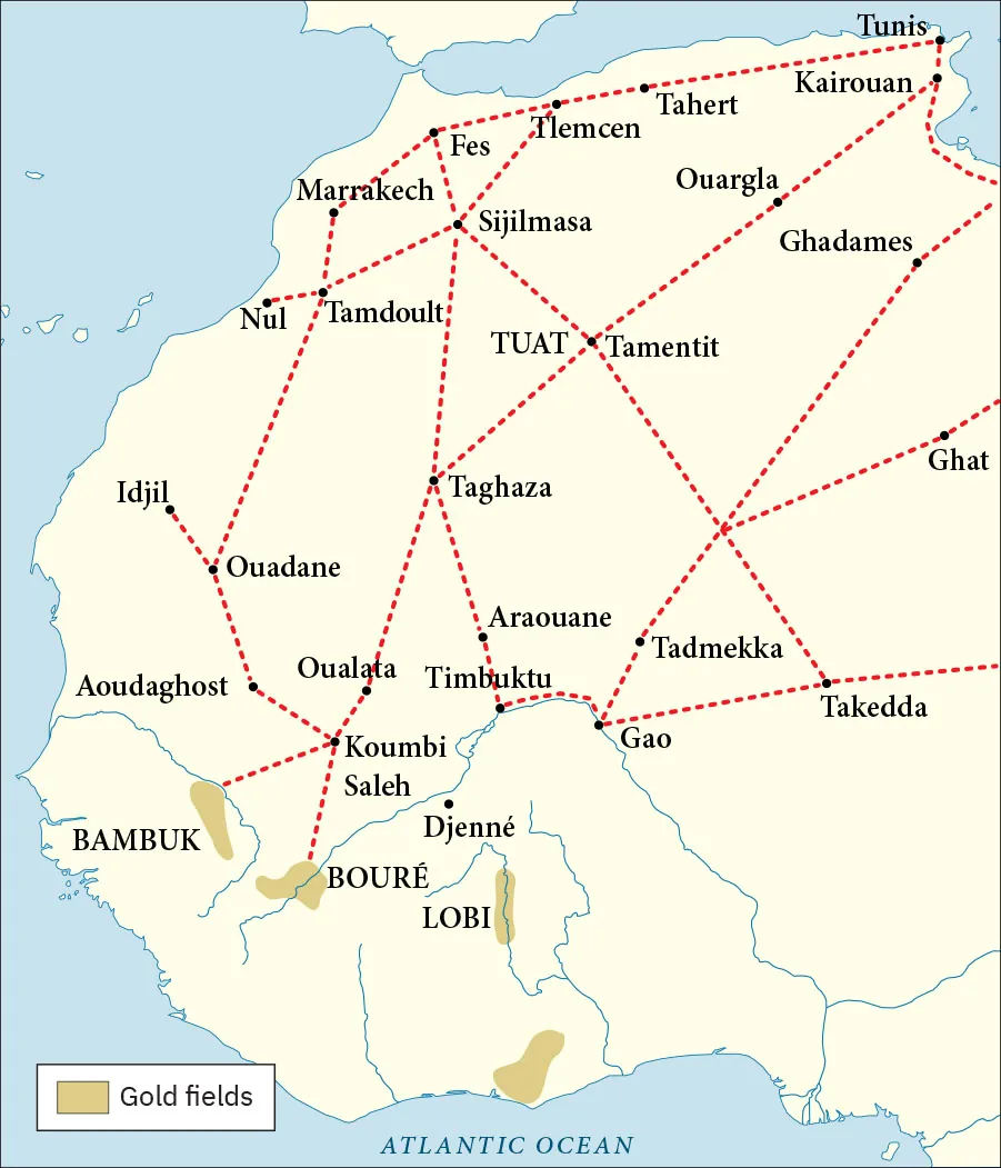 A map of northwestern Africa is shown with the Atlantic Ocean labeled at the bottom of the map. Four small areas in the southwestern part of the area are highlighted gold representing “Gold fields.” They are labeled Bambuk, Boure, and Lobi. The fourth one close to the coast is not labeled. A red dashed line is shown connecting cities all throughout the map in a criss-cross pattern. The connected cities, from north to south, are: Tunis, Kairouan, Tahert, Tlemcen, Fes, Ouargla, Marrakech, Sijilmasa, Ghadames, Nul, Tamdoult, Tuat, Tamentit, Tanghaza, Ghat, Idjil, Ouadane, Araouane, Tadmekka, Aoudaghost, Oualata, Timbuktu, Takedda, Gao, and Koumbi Saleh. The city of Djenne is listed but not connected. The red dashed lines also run to the gold fields at Bambuk and Boure from Koumbi Saleh.