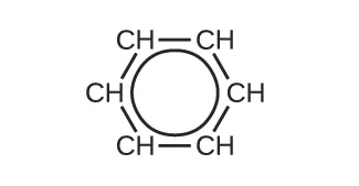 Se indica la fórmula estructural de un anillo de hidrocarburos de seis carbonos. Cada átomo de C está enlazado a un solo átomo de H. Un círculo está en el centro del anillo.