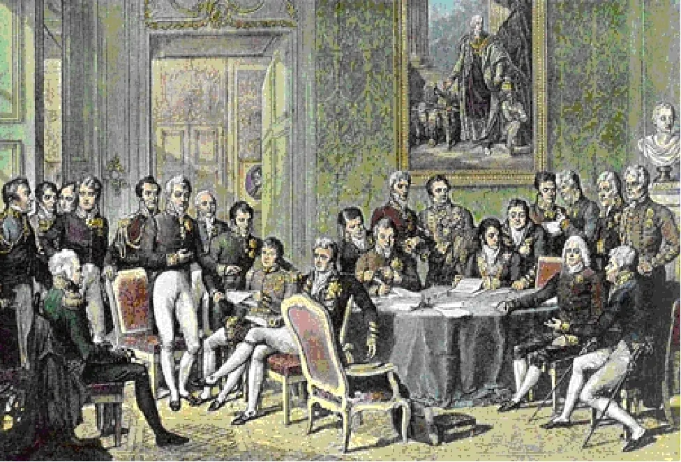 Several men are gathered in a richly decorated room filled with paintings, sculptures, and furniture. The men are all dressed in military style uniforms.