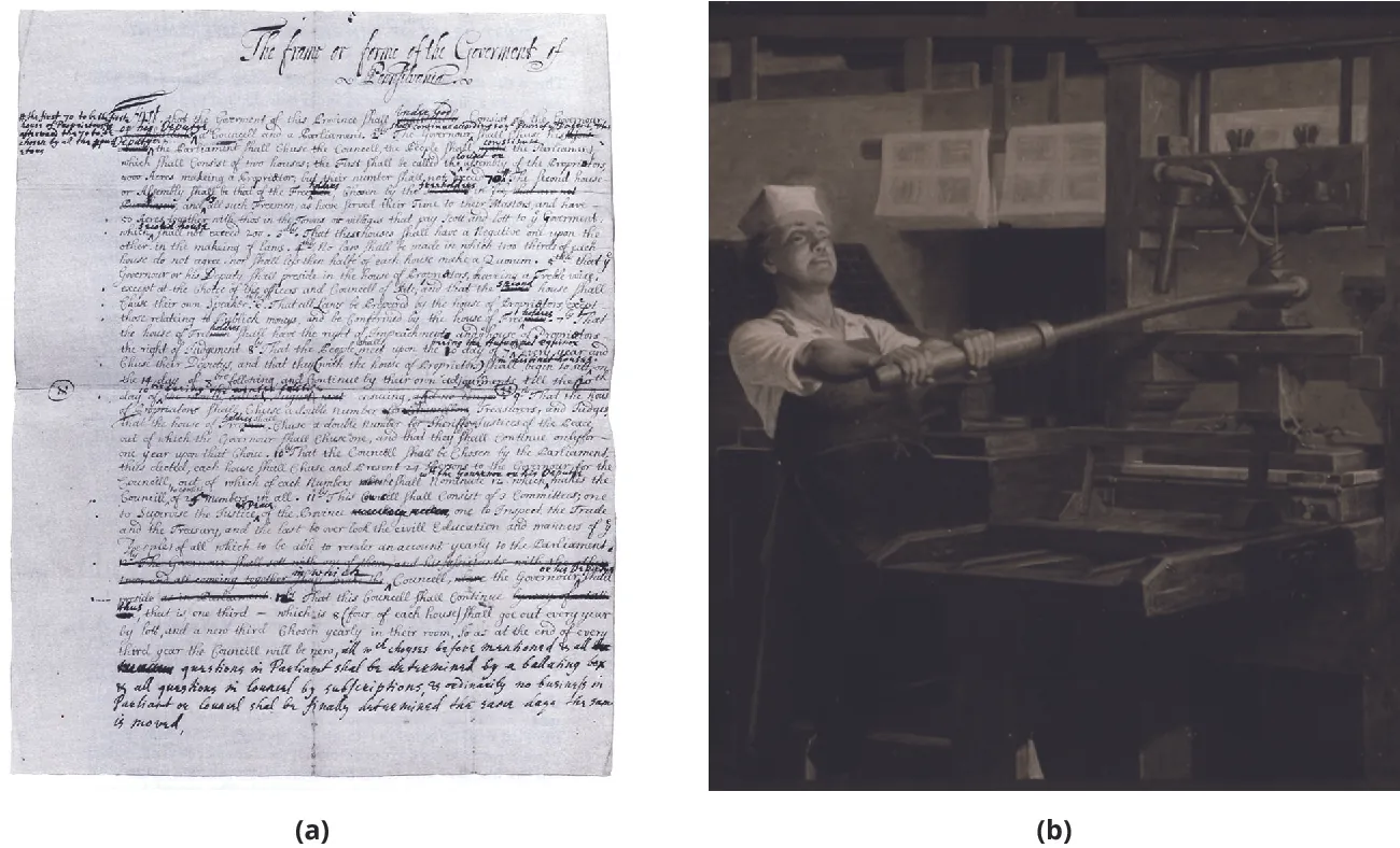 (a) Copy of a draft of the Frame of Government in Pennsylvania by William Penn. (b) Painting of Benjamin Franklin, shown operating a printing press.
