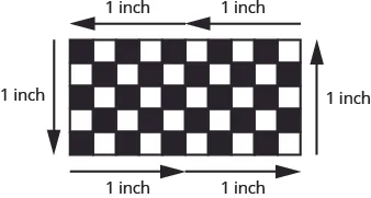 A checkerboard is shown. It has 10 squares across the top and 5 down the side. The top and bottom each have two adjacent 1 inch labels across, the sides have 1 inch labels.