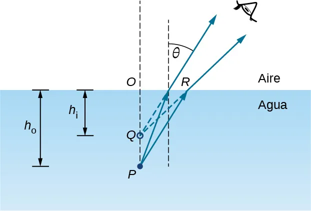 La figura muestra la vista lateral de una cantidad de agua. El punto P se encuentra dentro de esta. Dos rayos parten del punto P, se doblan en la superficie del agua y llegan al ojo del observador. Las prolongaciones posteriores de estos rayos refractados se cruzan en el punto Q. PQ es perpendicular a la superficie del agua y la cruza en el punto O. La distancia OP se marca con el subíndice h o y la distancia OQ con el subíndice h i. El ángulo que el rayo refractado con una línea perpendicular a la superficie del agua se denomina theta.