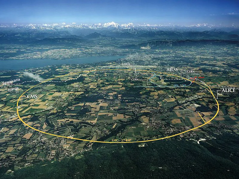 Zdjęcie Genewy z zaznaczoną lokacją CERNu oraz obsługiwanych przez niego akceleratorów.