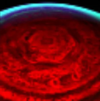 Hexagon Pattern on Saturn’s North Pole. A distinct hexagon shaped cloud band is seen in this infrared image of Saturn’s north pole. The cloud bands both within and to the south of the hexagon are circular.