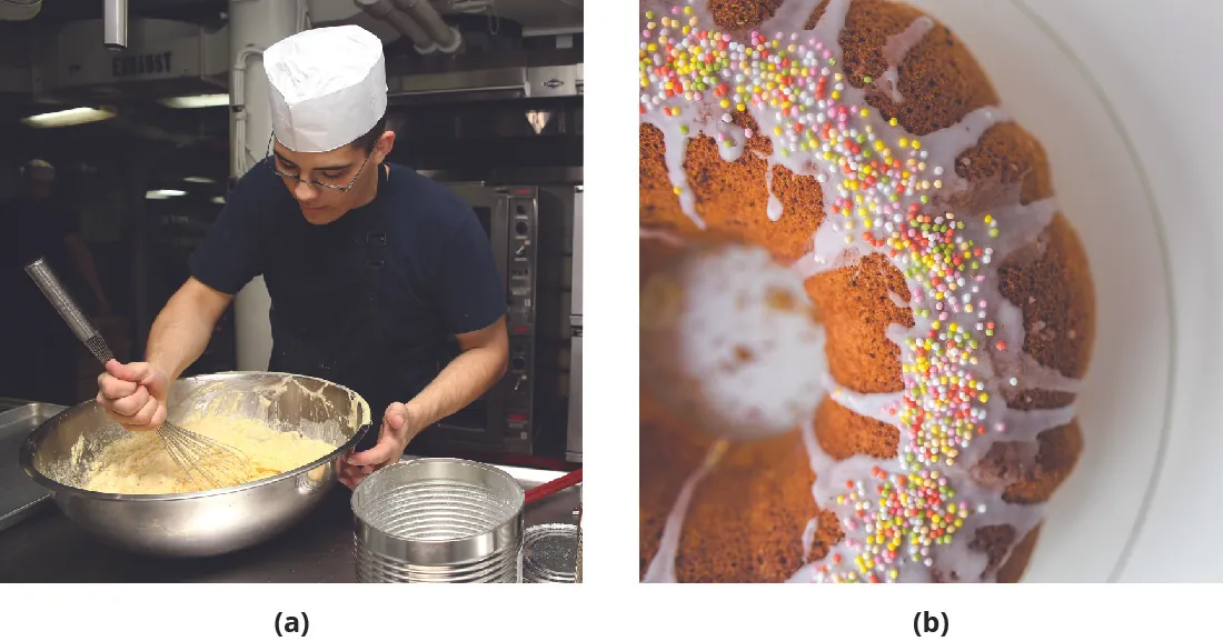 The photograph on the left is of a baker mixing dough. The photograph on the right is of a finished cake.