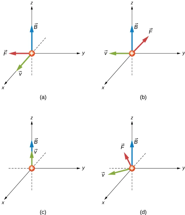 Cztery przykłady siły magnetycznej działającej na dodatnio naładowaną cząstkę poruszającą się w polu magnetycznym. W każdym przypadku pole jest skierowane wzdłuż osi z (w górę). Rysunek a przedstawia cząstkę poruszającą się w dodatniej osi x. Siła jest w ujemnym kierunku y. Rysunek b pokazuje cząstkę poruszającą się w ujemnej osi y. Siła jest w ujemnej osi x. Rysunek c przedstawia cząstkę poruszająca się w w dodatnim kierunku z. Siły nie ma. Rysunek d przedstawia cząstkę poruszającą się w płaszczyźnie x y w kierunku dodatnim x i w ujemnej ćwiartce y. Siła jest w płaszczyźnie x y, prostopadła do prędkości w ujemnej ćwiartce x i ujemnej y.