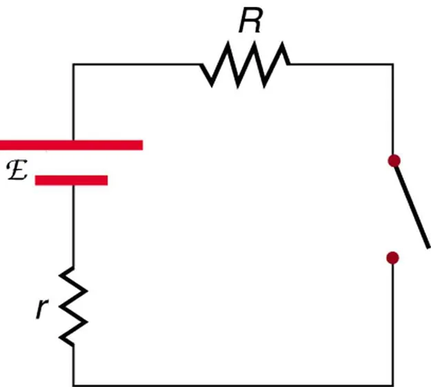 The diagram shows a circuit with a voltage source and internal resistance small r connected in series with a resistance R and a switch.