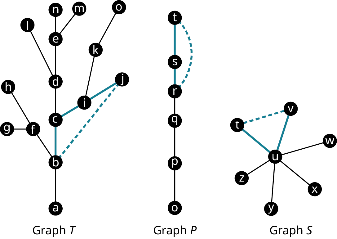 Three graphs. Graph T has 15 vertices. The edges are as follows: a b, b c, c d, c i, i j, j k, k o, d e, d l, e n, e m, b f, f g, and g h. The edges, c i, and i j are in blue. A dashed edge connects b and j. Graph P has 6 vertices. The edges are as follows: t s, s r, r q, q p, and p o. The edges, t s, and s r are in blue. A dashed edge connects t and r. Graph S has 7 vertices. The edges are as follows: u t, u v, u w, u x, u y, and u z. The edges, u t, and u v are in blue. A dashed edge connects t and v.